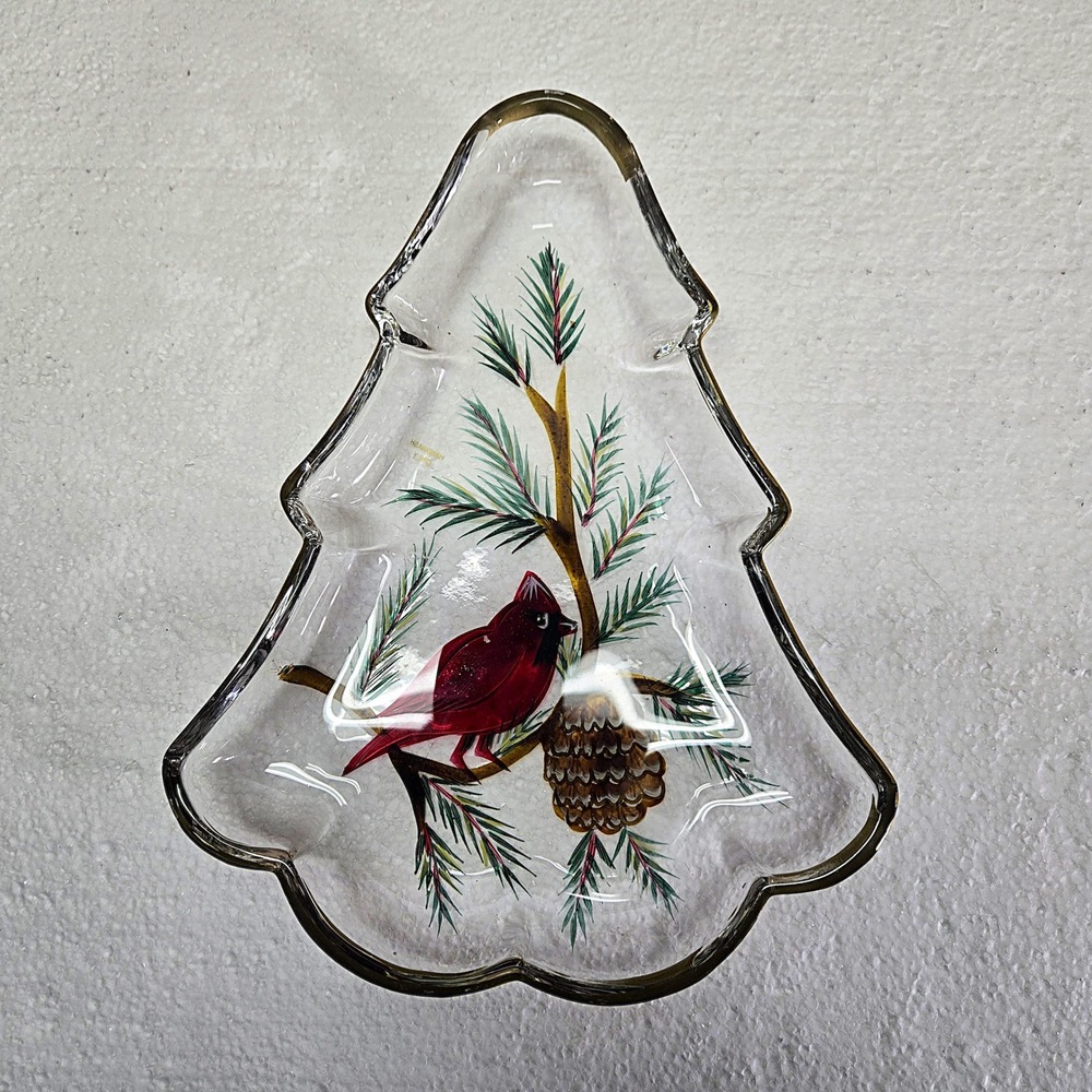 Vtg Celebrations Holiday Cardinal 10" Tree Plate Hand Painted Glass Dish‎ NIB